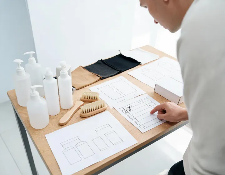 Shoe care product brief and sample review workstation